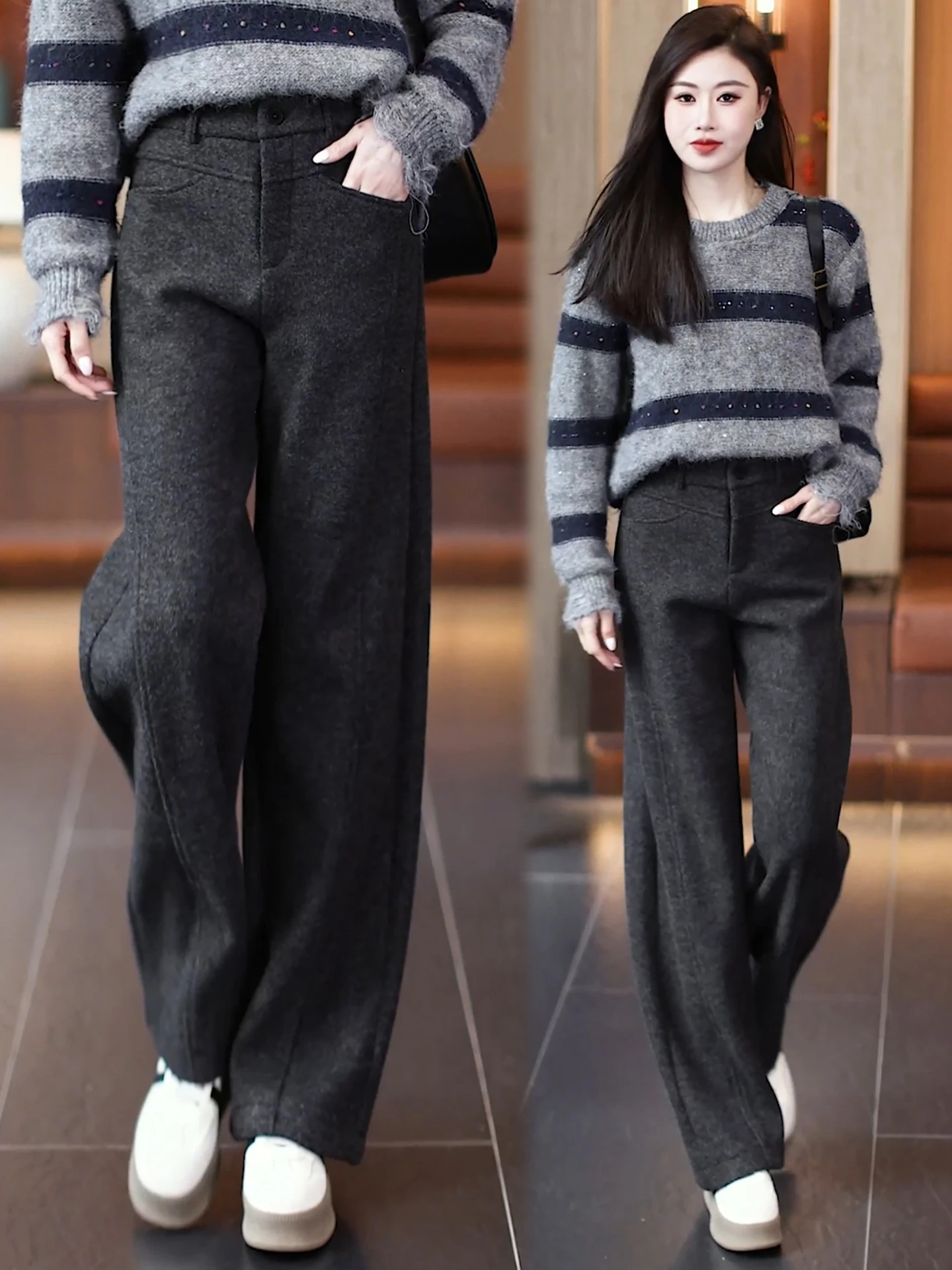

Women's Autumn Winter Thickened Fleece Lined Bananas Knife Pants High Waist Wide Leg Casual Trousers Woolen Mix Polyester