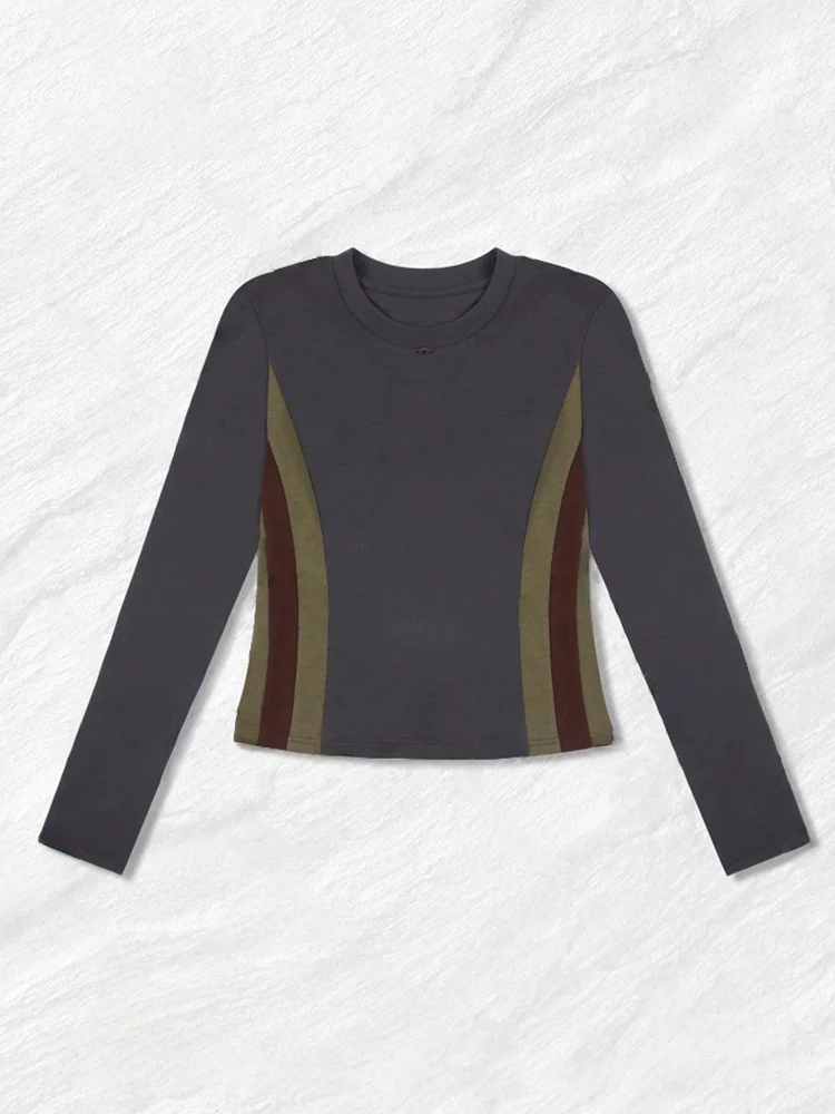 Camiseta Feminina Slim Fit de Manga Longa para Primavera e Outono, Nova, com Cintura Ajustada, Top Listrado Bonito, Moda Streetwear