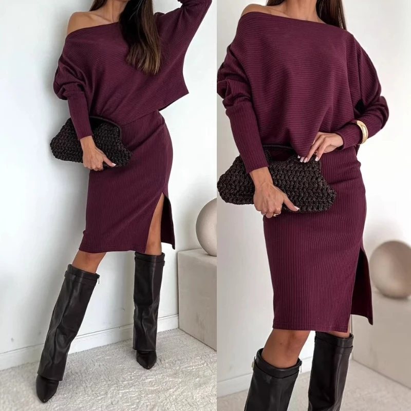 

Модный топ с открытыми плечами и длинными рукавами и юбка, комплект из двух предметов, офисный стиль, свободный женский повседневный костюм с разрезом на бедрах, 2026