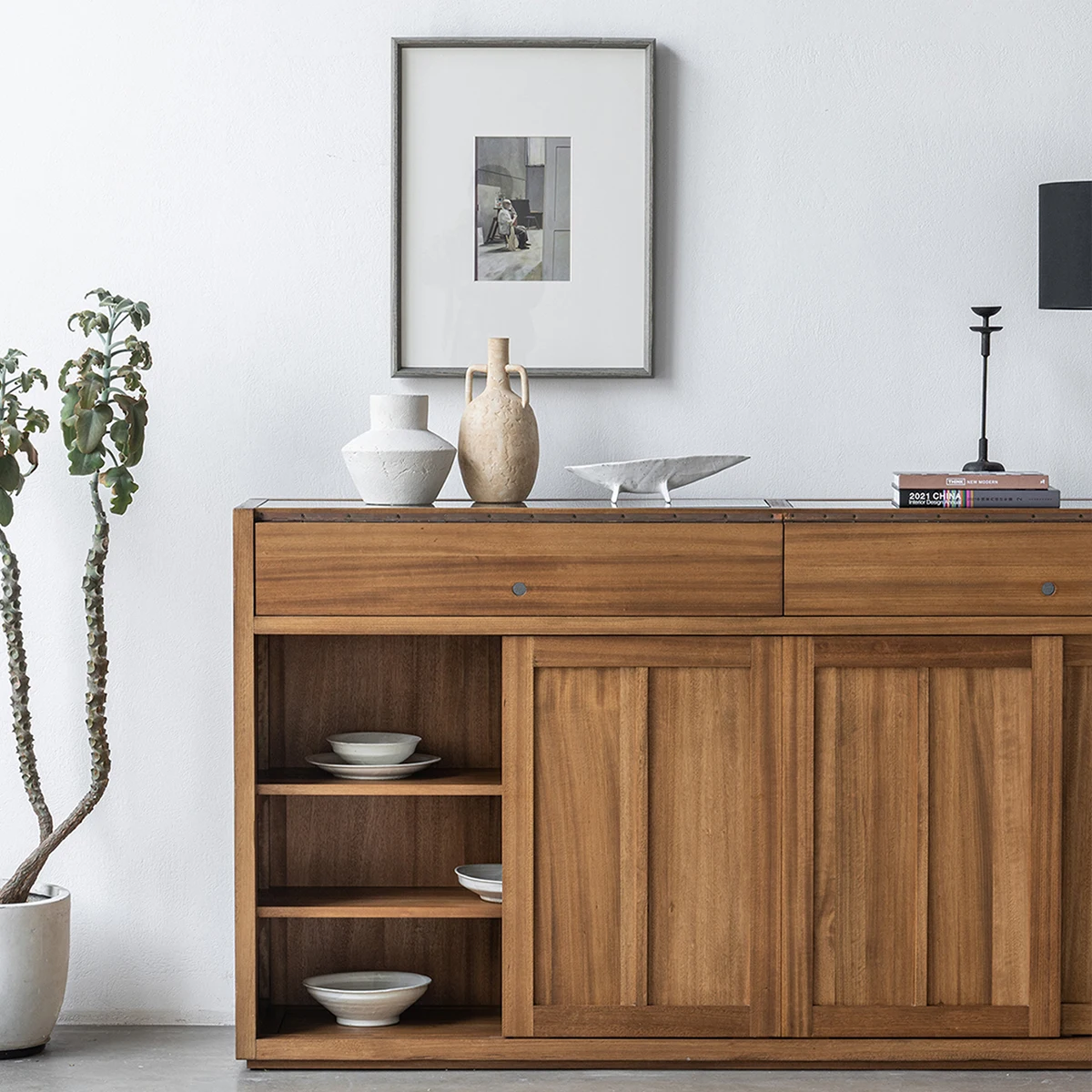 #Minimalist Sliding Door African Teak Solid Wood Living Room Multifunction Space Saving Tableware Cabinet for Hotel Apartment