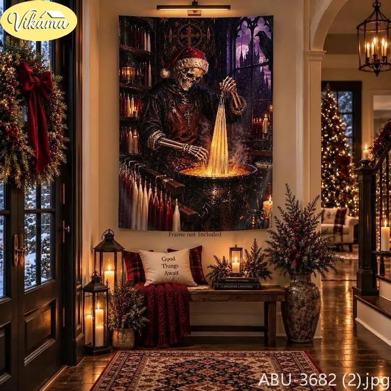 VIKAMA Goth Xmas Skeletal Bridal Pair Fob Watch Snowfall Wall Tapestry Shadowy Victorian Romantic Yule Festal Room Home Decor