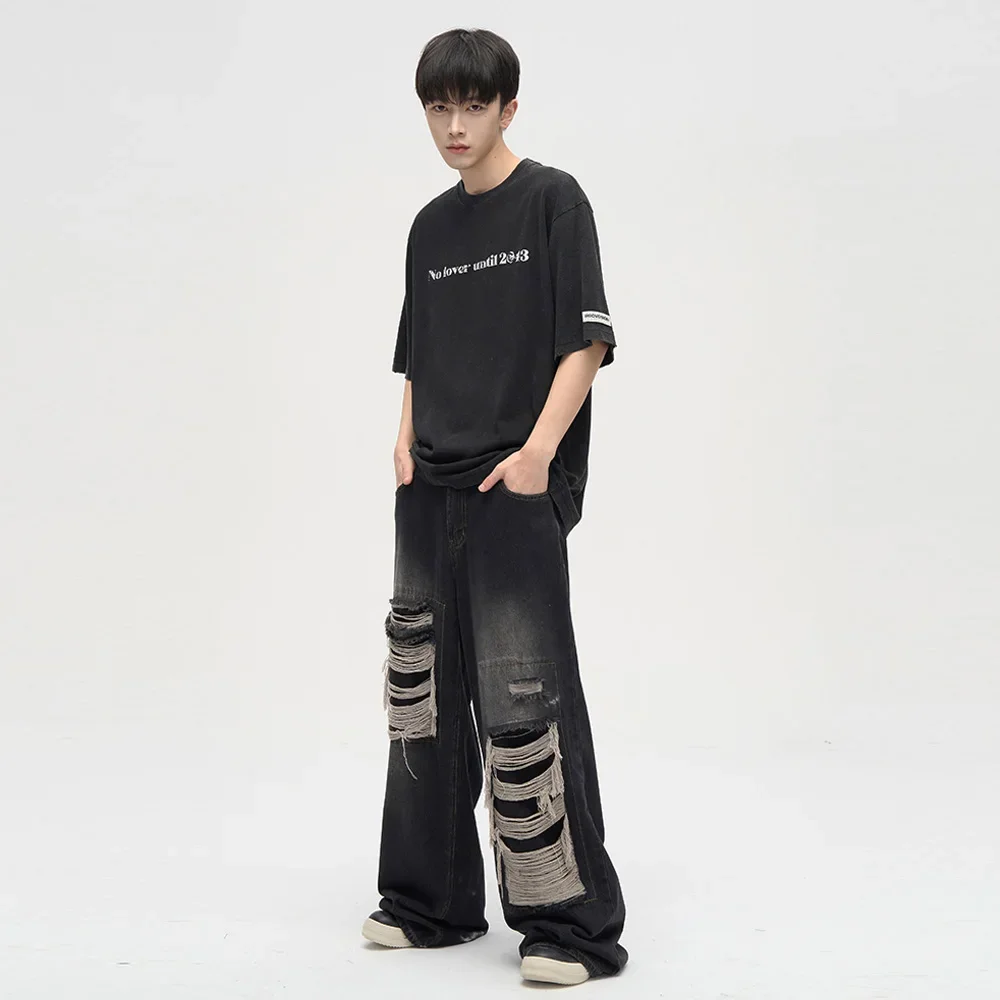 

Men's Ripped Black Jeans Harajuku Wide Leg Pants Denim Baggy Y2K Cargo Pants Streetwear Koean Style Clothes Gothic