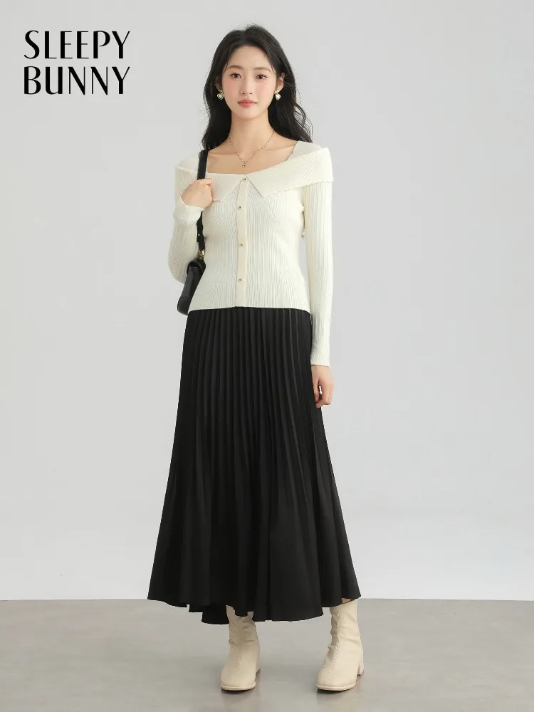 

Elegant Knit Sweater Slim Chic Top Women Off Shoulder Faux Two Piece Design Long Sleeve Pullover for Autumn Fashion Casual Wear