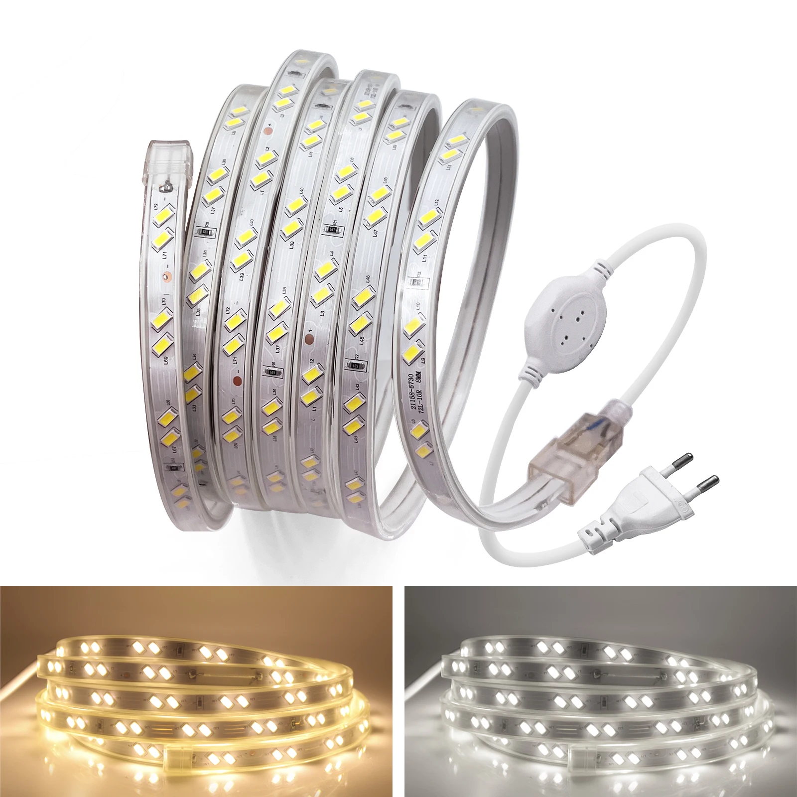 1m-100m 220V LED Strip 68leds/m SMD 5730 Flexible Led Tape Light Waterproof High Brightness White /Warm White With EU Power Plug