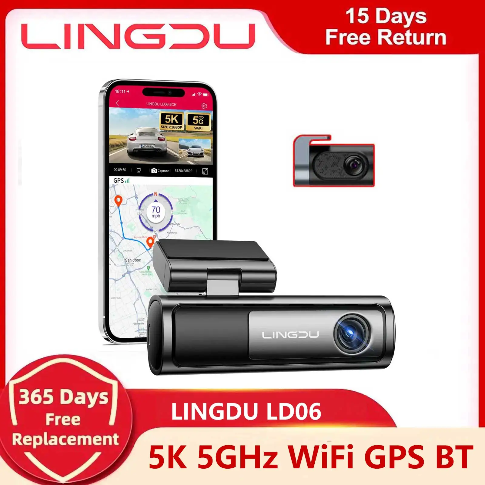 

LINGDU LD06 Dash Cam 5K Resolution Car DVR Built-in 5.8Gh WiFi GPS Support BT Voice Control 24H Parking Monitor WDR Night Vision