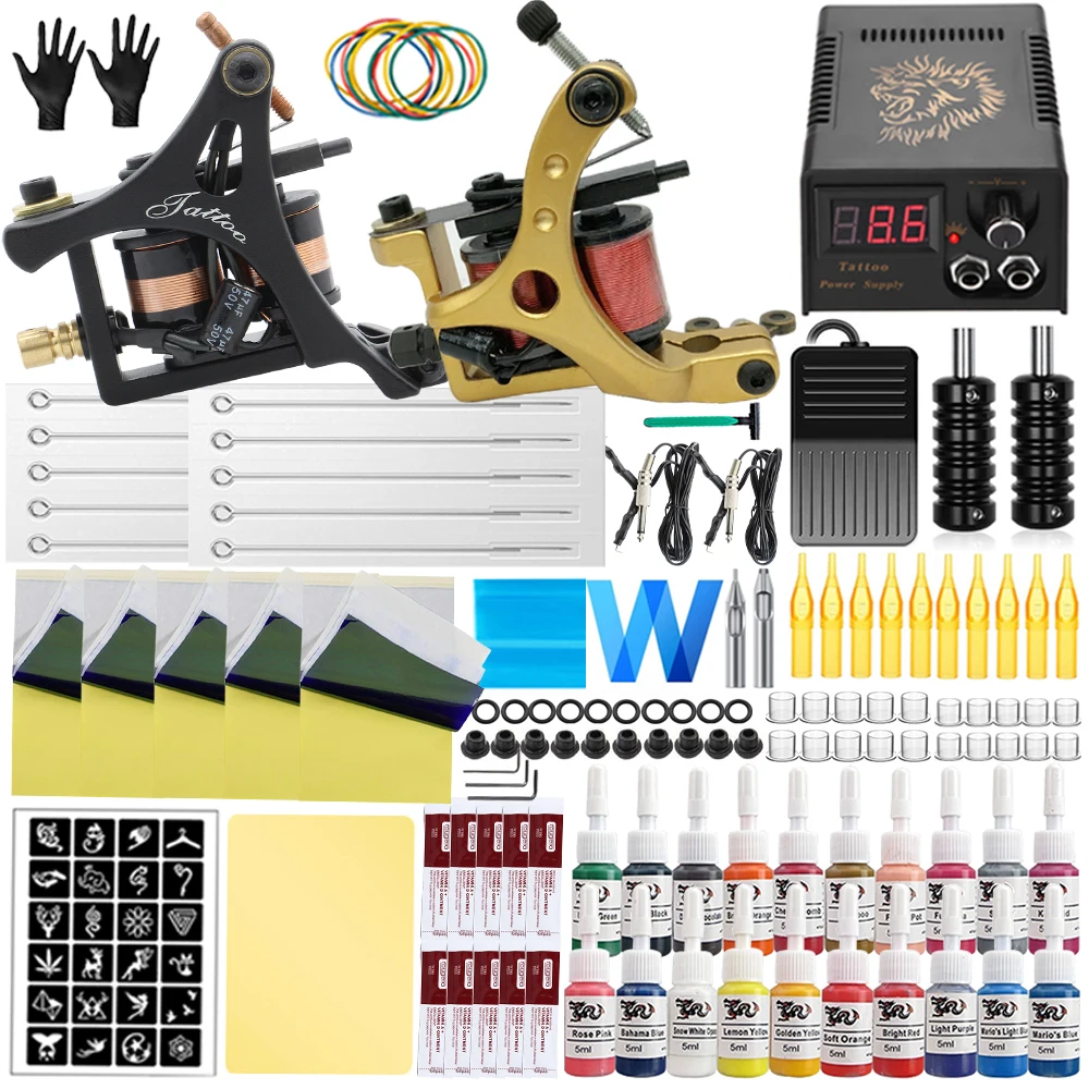 

Полный набор для татуировки с катушками, лайнер, шейдер, блок питания, чернила с иглами для татуировки, набор аксессуаров для татуировки, набор для начинающих