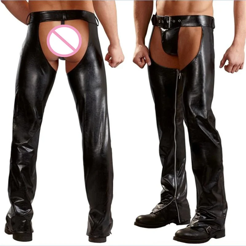 Sexy Mens Pants Open Crotch PU Leather Latex Loose Long Pants With Thongs Leather Fitness Costume Gay Sexy Wetlook Jogger Pants