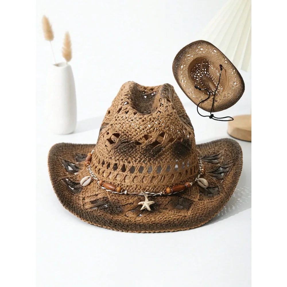 

1pc Unisex Starfish & Natural Seashell Decor Ridge Hollow Out Dyeing Printed Boho Handmade Hand Woven Windproof Rope Casual Hand