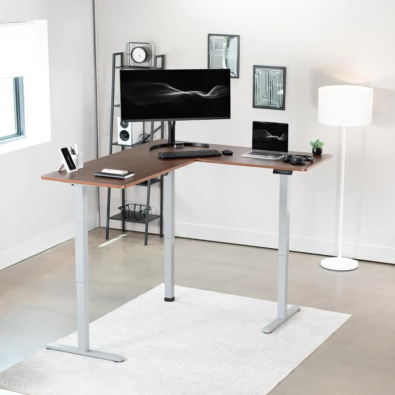 Electric corner standing desk, 63 x 55 inches, height adjustable, memory controller, dark walnut top gray frame