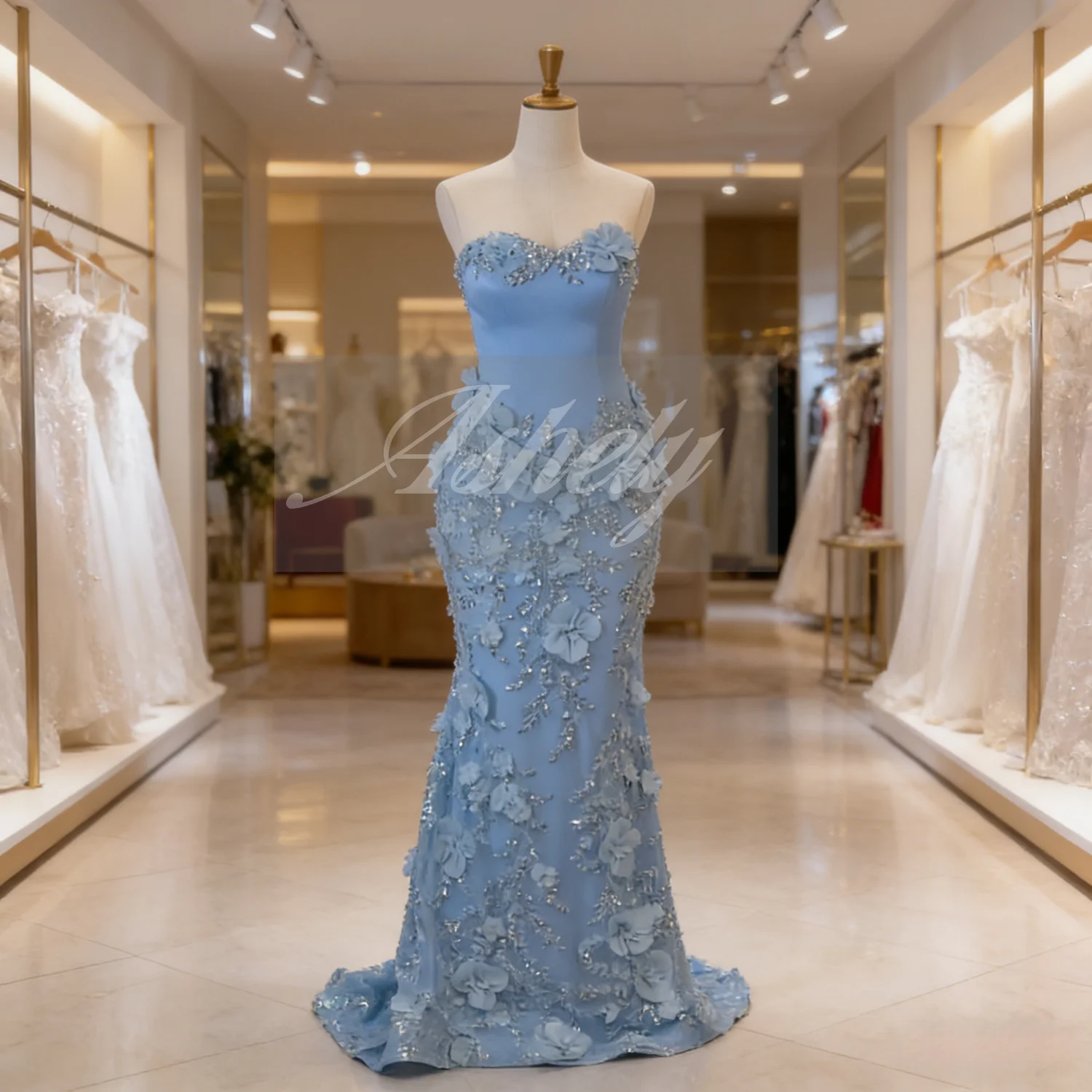 

High End Women Prom Dresses Beaded Collar 3D Flower Mermaid Full Length Formal Evening Gown Wedding Party Occasion NewCustomized