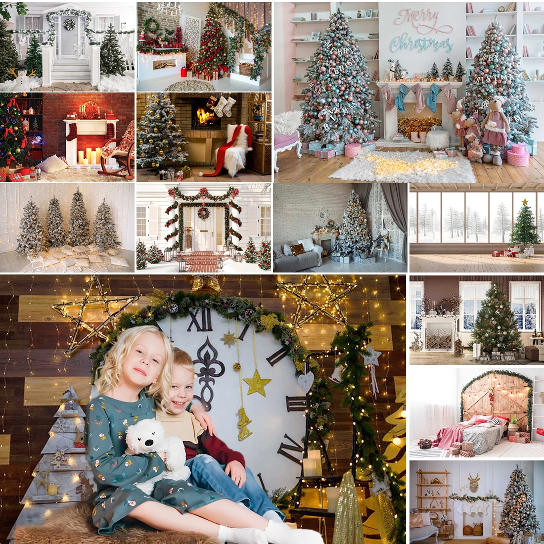 

MOON.QG Christmas Trees Photo Background Interior Living Room Clock Backdrops For Photography Child Accessories Photozone Poster