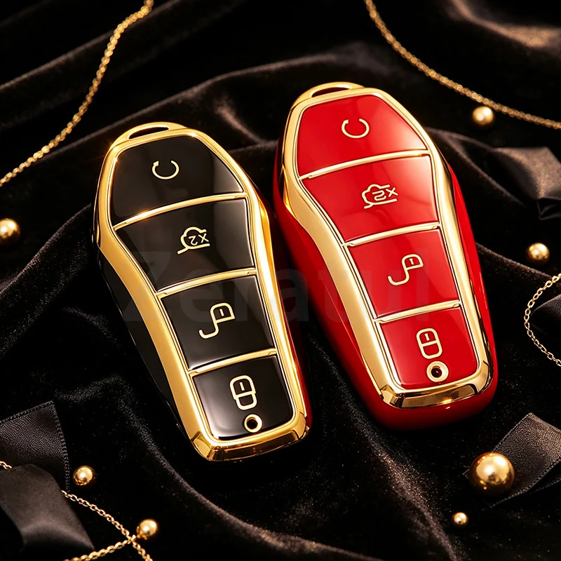 Gold Edge 4 Buttons TPU Car Key Case For BYD Qin Plusdmi Atto 3 Han EV Dolphin Remote Control Protect Cover Durable Accessories