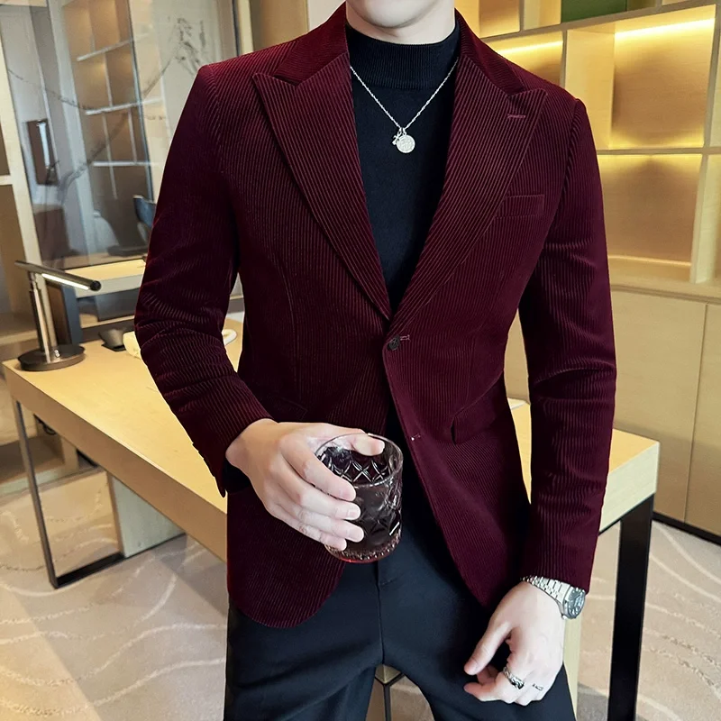 Corduroy Stripe Suit Jacket For Men Autumn Winter Business Slim Fit Tailcoat Formal Wedding Party Fashion Casual Suit Coat 4XL-M