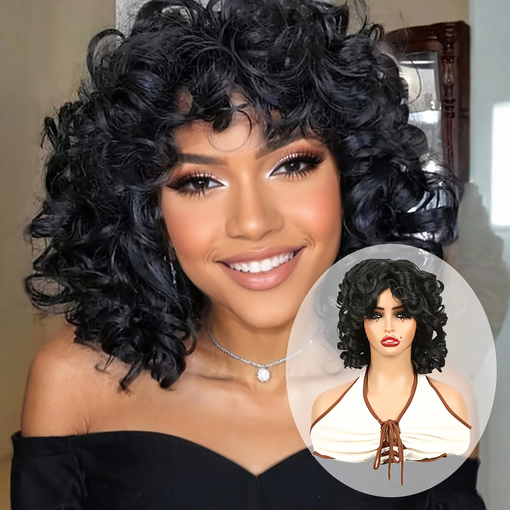 

14inch Short Bob Wig with Bangs, Can Be Styled with Deep Wave Curls, Heat-Resistant Synthetic Fiber, for Daily Use