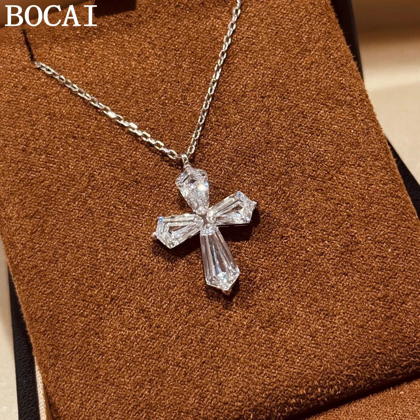 

BOCAI S925 Silver Charms Necklace Pendants for Women Men New Fashion Minimalist Arsgentum Edge White Crystal Cross Jewelry