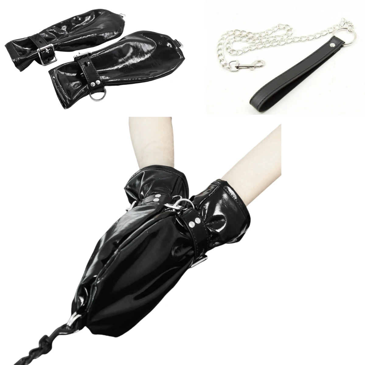 

New Exotic Accessories Sexy Fetish Costumes Black Soft Faux Leather Fist Gloves Restraint With Chain Hook Adult Role Play Games