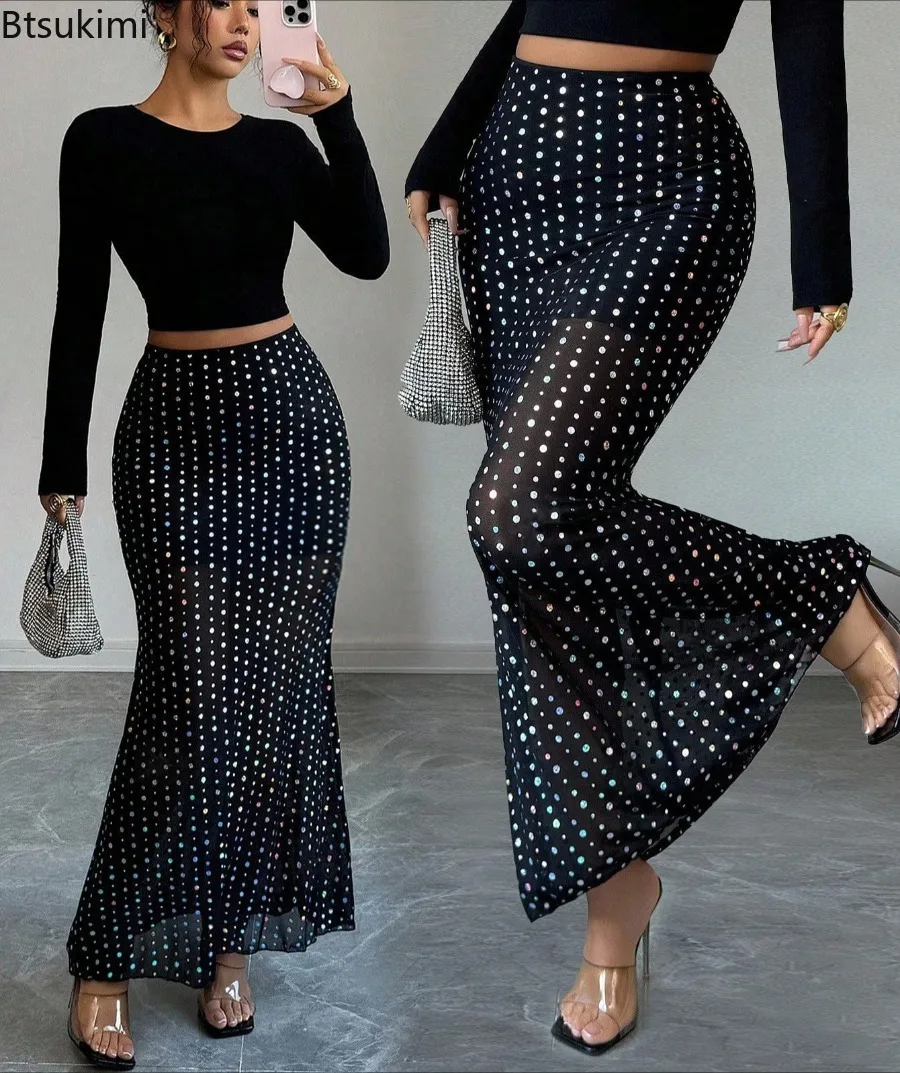 New Women's Black Sequin Double-layer Tulle Bodycon Skirts Summer Fashion Elegant High-waisted Stretchy Fishtail Skirts Female