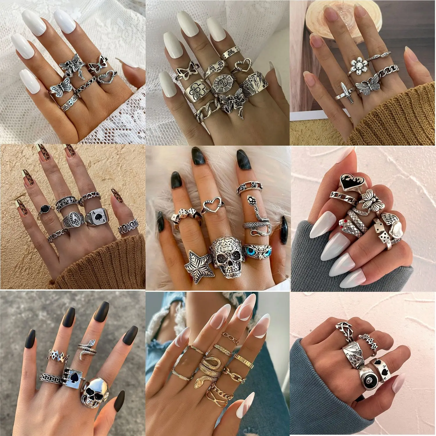 1Set Hot Selling Personalized Vintage Vintage Black Drop Glazed Zircon Spade a Heart Alloy Ring Set with Seven Pieces Rings