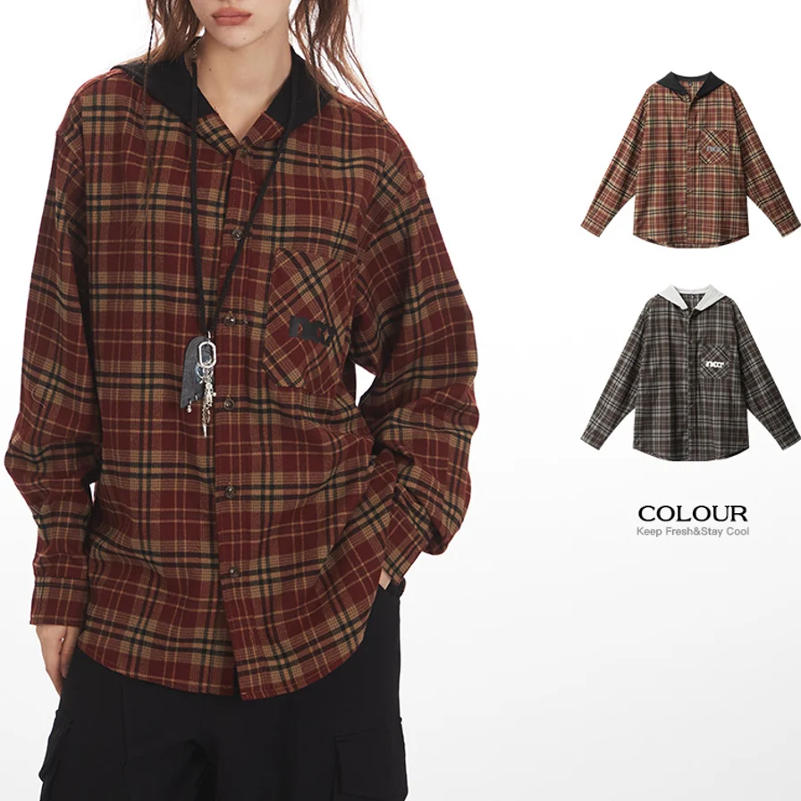 

Yapher Vintage Women's Plaid Hooded Shirt Long Sleeve Single-Breasted Shacket Oversized Casual Tops for Autumn and Winter Blouse