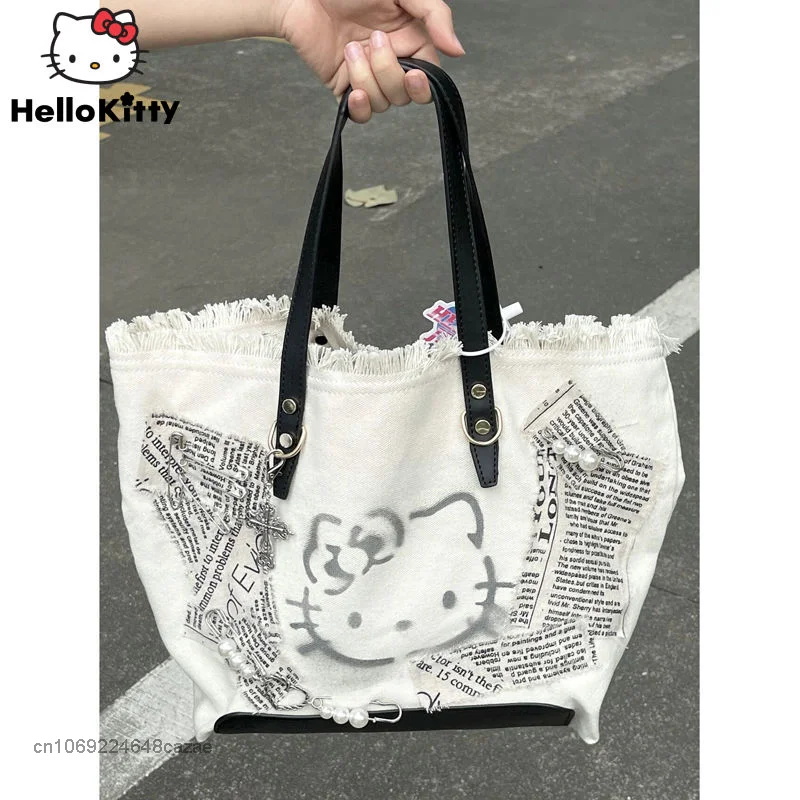 Sanrio Hello Kitty Y2K American Retro Tote Bag Embroidered Canvas Shoulder Bag Large Capacity Cute Casual Armpit Bag For Women