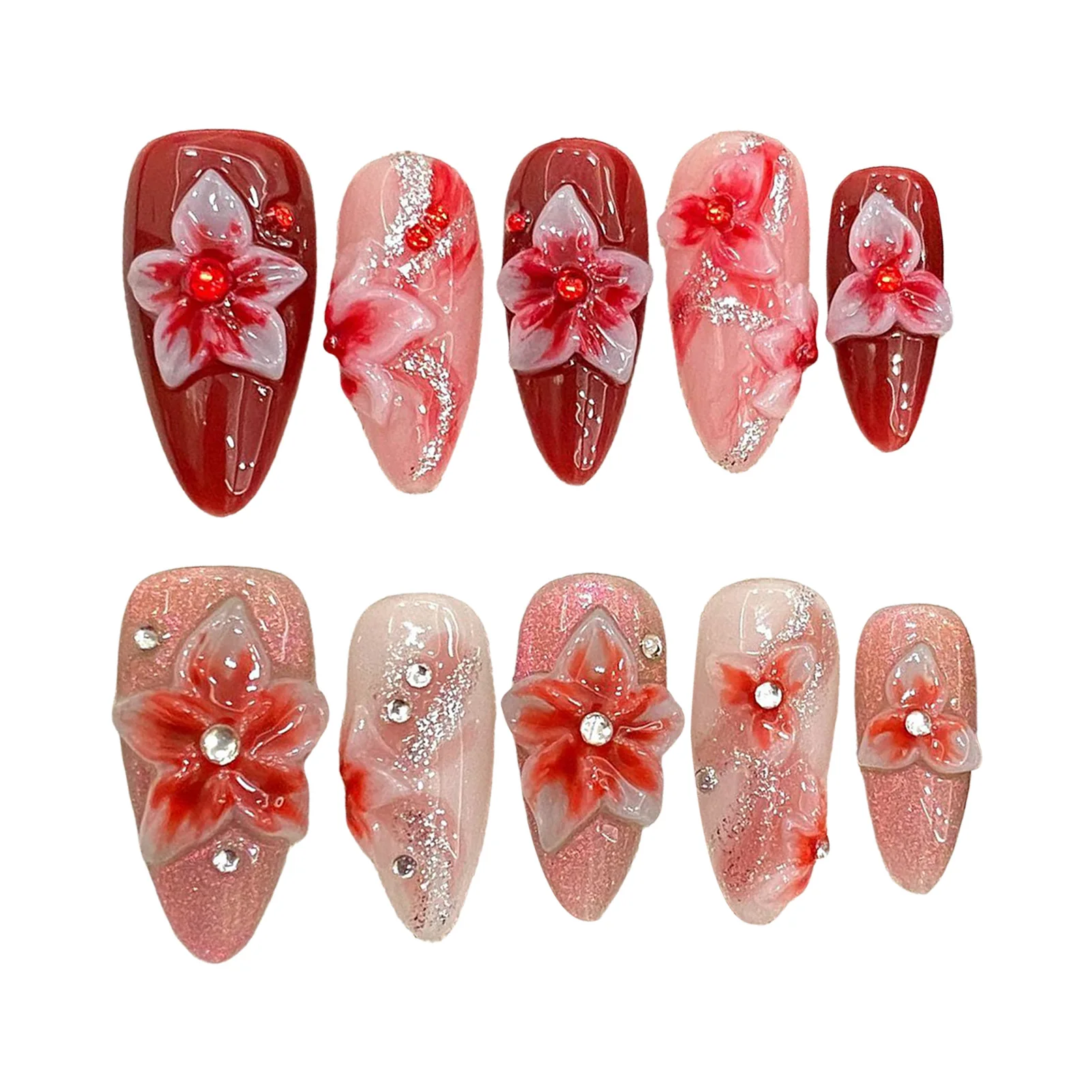 10pcs Handmade Press On Nails Gradient Rose Pink Hand Carved Flower Fake Nails Shiny Sequins Diamond Decor Almond False Nail