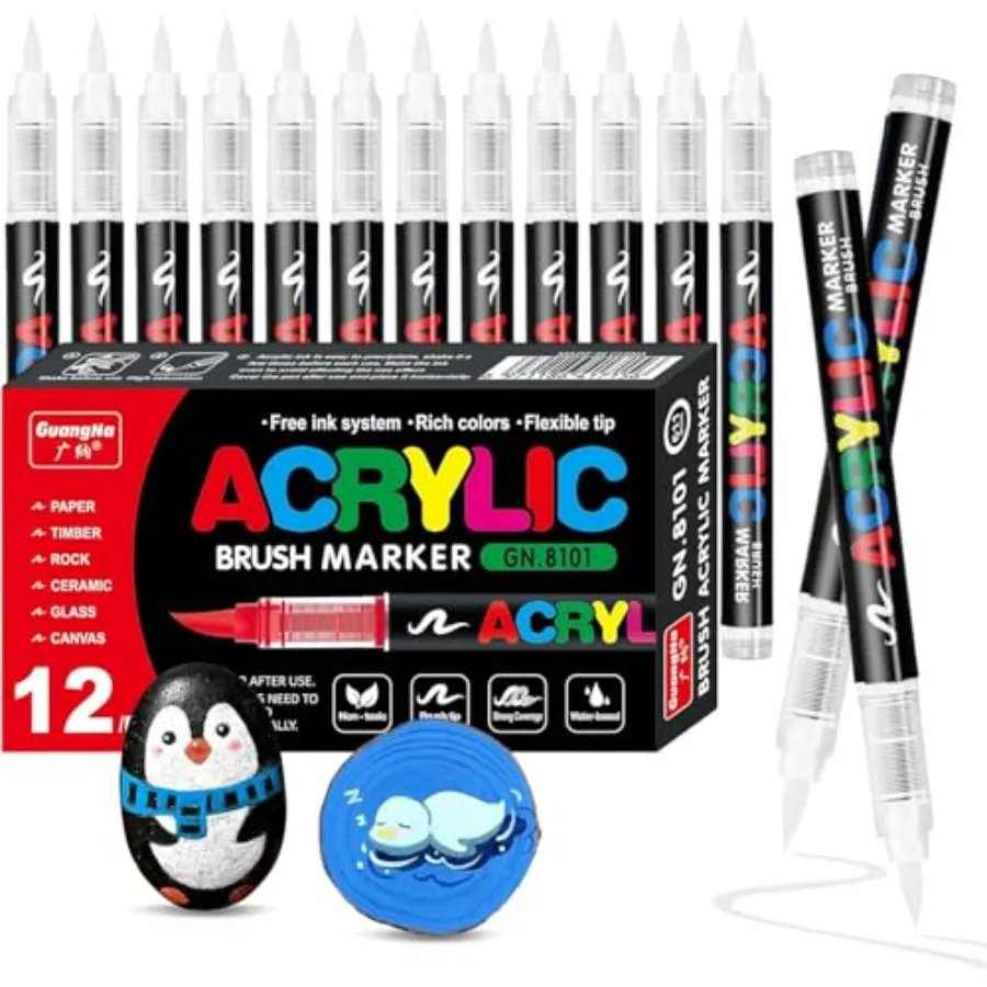 

12 PCS White, Water-Based Acrylic, Soft Brush Tip Acrylic Paint Pens for Arts and Crafts, Activity, School Classroom;Works on P