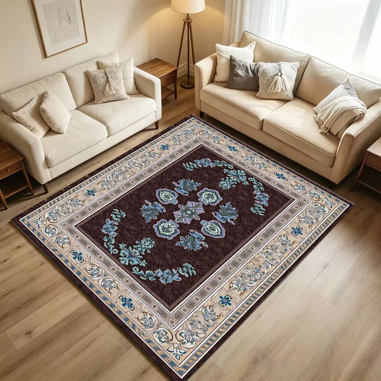 Luxury Traditional Oriental Carpet Flooring Dark Base Blue Floral Medallion Ornate Border Printed Floor Rug for Household Living Room Home Decoration