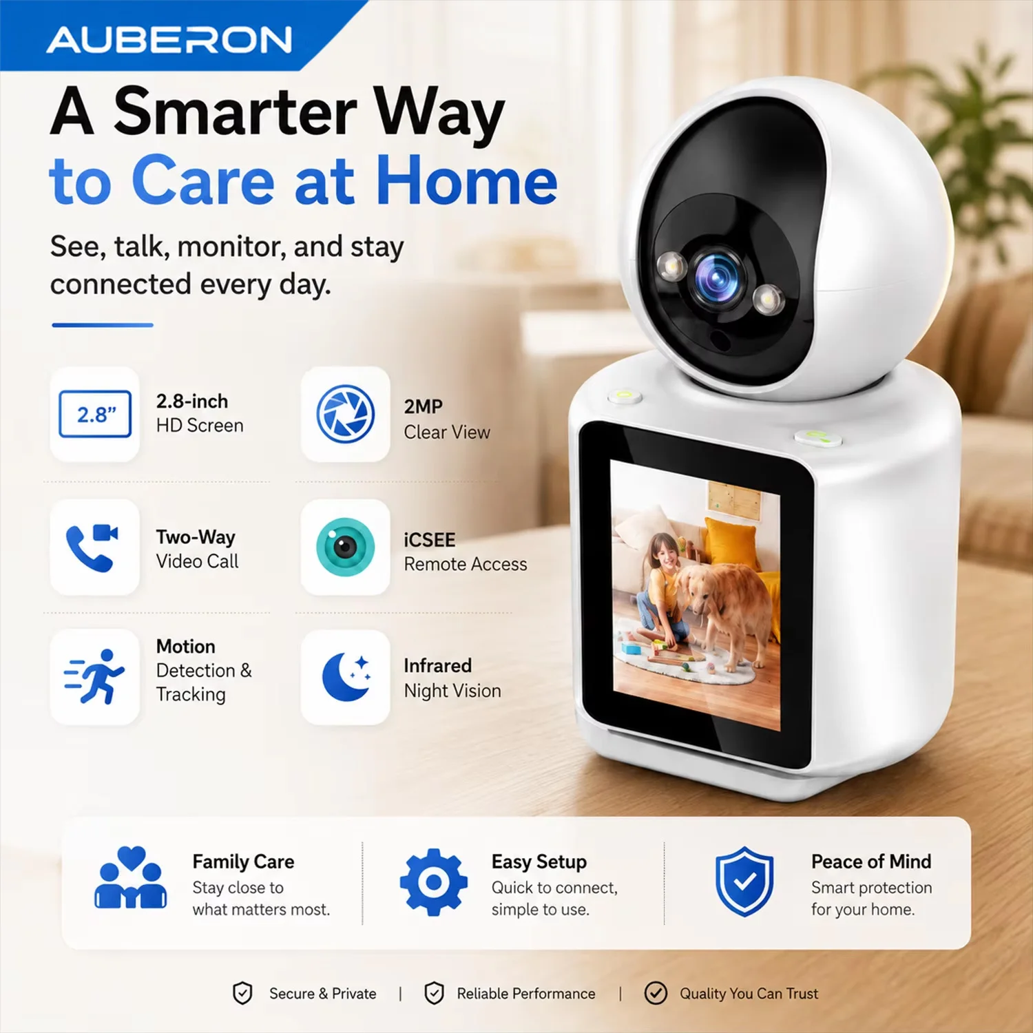 2MP Smart WiFi Indoor Camera with 2.8in Screen One Touch Video Call Auto Tracking Night Vision ICSEE Baby Elder Pet Home Monitor
