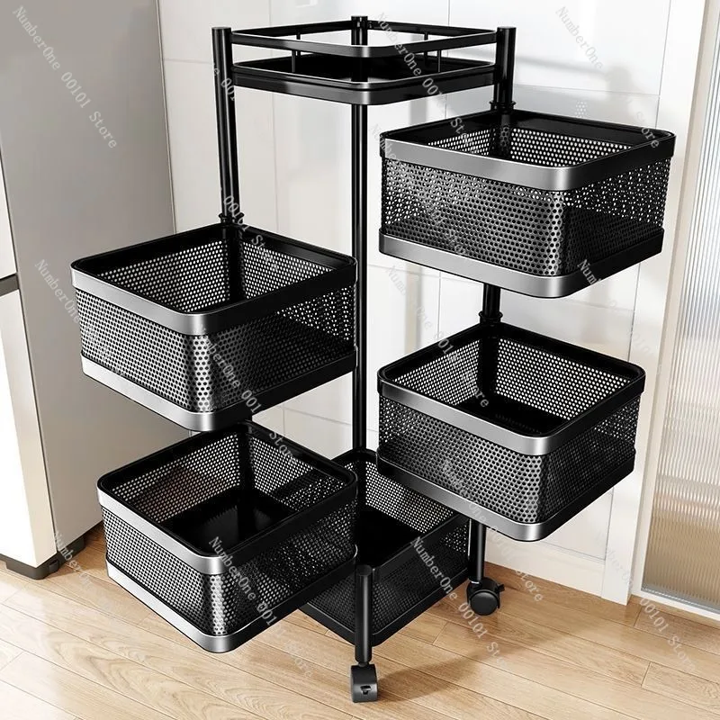 Multi Layer Rotating Storage Rack Home Kitchen Floor Standing Snack Cart Living Room Organizer Fruit Vegetable Basket Rolling