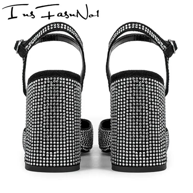 Fashion Rhinestones High Heel Modern Sandals Large Size Square Toe Buckle Strap Single Shoes Female All Match Increasing Shoes