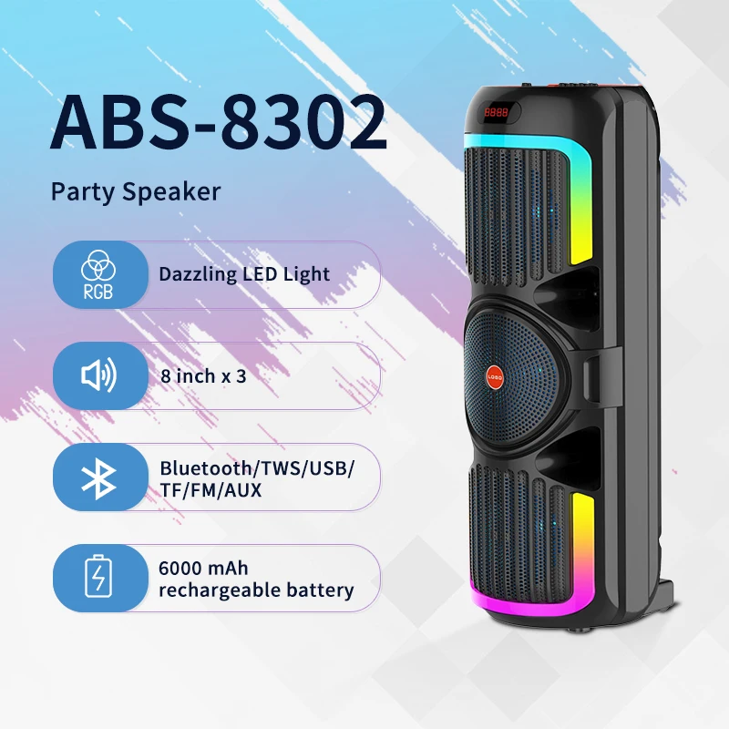 

ABS-8302 8Inch Party Speaker 60W RGB Light 6000mAh Battery Wireless Karaoke for Gaming/Home/Outdoor Events