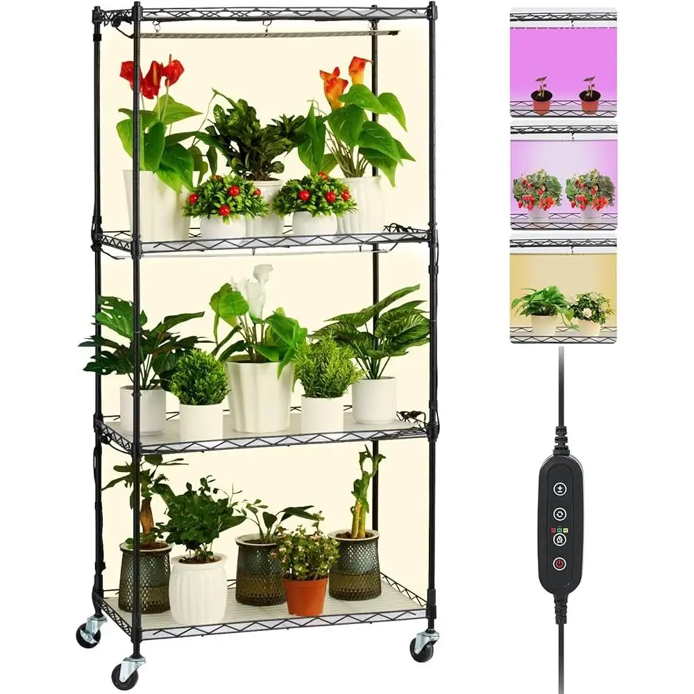 4-Tier Plant Stand with Grow Light Full Spectrum 45W 3 Modes Timer Adjustable Intensity Metal Shelf Indoor Plant Rack Wheels