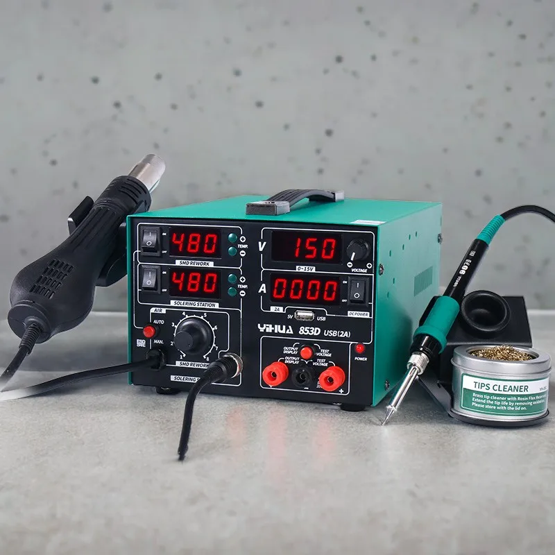 YIHUA 853D Soldering Station Rework Station 4 in 1 Hot Air Gun Soldering Iron USB Output 15V 2A DC Power Supply BGA Welding Tool