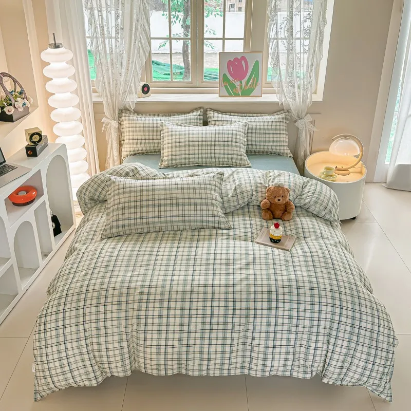 

4PCS Green Plaid Bedding Set, Soft Breathable Bed Linen with Duvet Cover & Pillowcases, Full/Queen/King Size