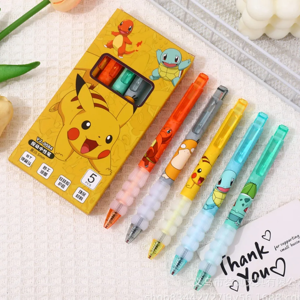 New 5pcs Pokemon Gel Pens Cute Pikachu Charmander Squirtle Cartoon Press on Gel Pen Stationery School Supplies Children Gifts