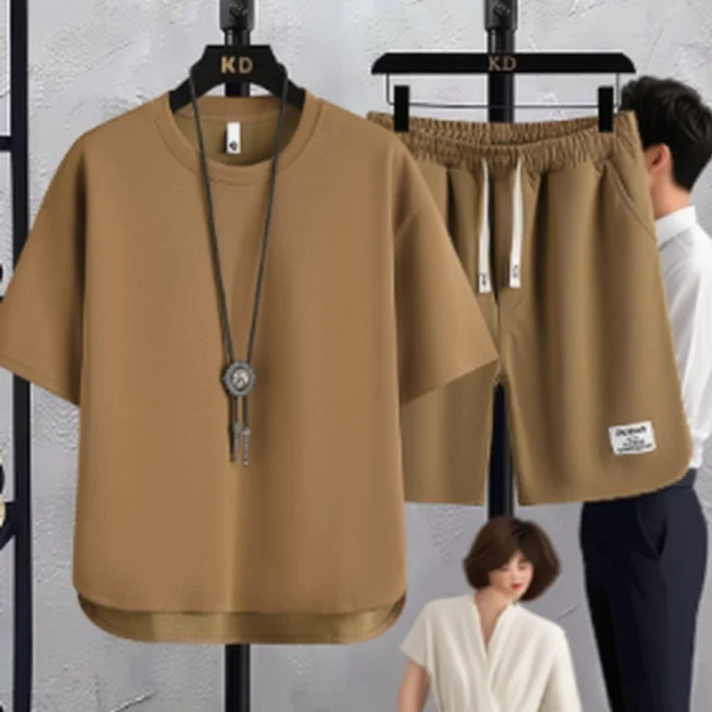 

2025 Fashion Suit Waffle T-shirt Trendy Summer New Men's Short-sleeved T-shirt Shorts Casual Versatile Two-piece Suit