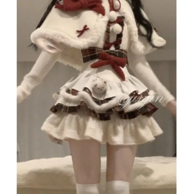 

Winter Christmas dress sweet cute fluffy cape coat halter cake