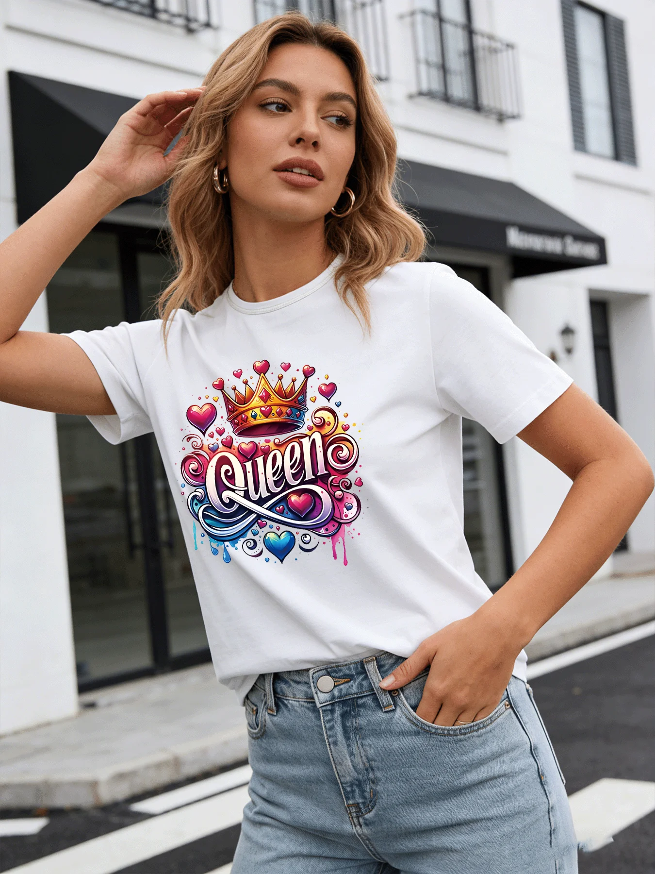 

2026 Spring/Summer New Women's Round Neck Casual T-Shirt with Queen Letter Crown Print Top