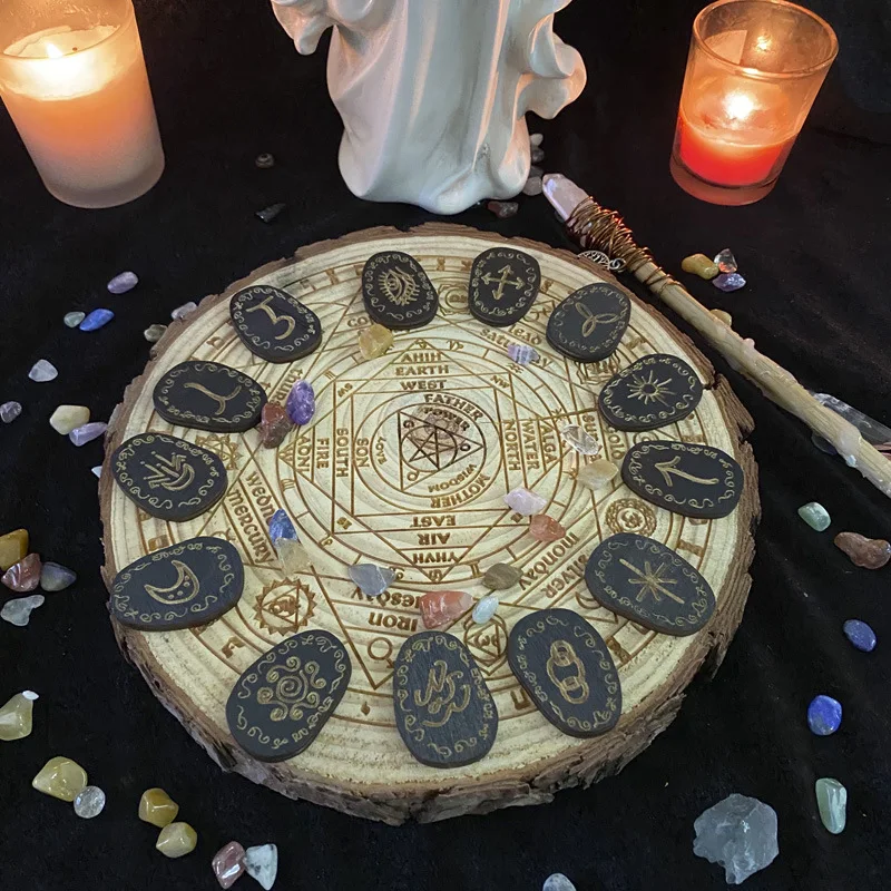 16pcs/set Witch Wood Runes Stone Set Witches Rune Set Board Game Table Game Divination Runestones Witch Accessories tarot Cards