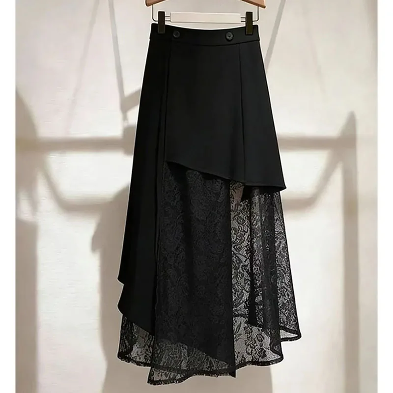 

Autumn Women Fashion Irregular Long Skirt Femme High Waist Lace Patchwork Skirt French Lady Casual Mid-length A-line Maxi Skirt