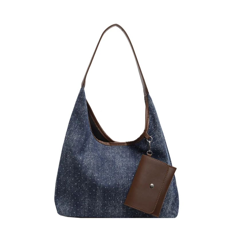 Bolsa de ombro jeans de grande capacidade feminina, casual, com zíper, versátil, estilo clássico, tiracolo, retrô, portátil, 2024