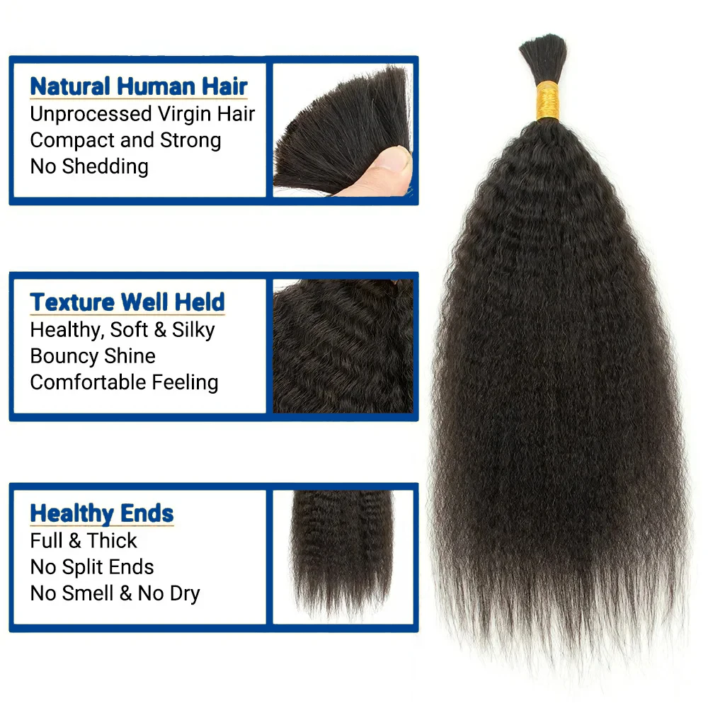 Kinky em linha reta trança de cabelo humano pacotes sem trama yaki em linha reta cabelo em massa para trança 100% extensões de cabelo humano não processado