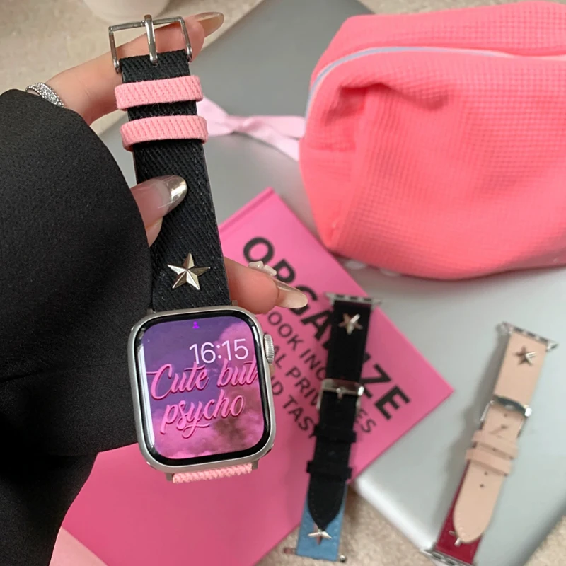 Корейский кожаный ремешок Y2k для Apple Watch, джинсовый браслет для девушек iWatch Series 9 8 7 6 5 SE 4 3, 41 мм 49 мм 45 мм 44 мм 40 мм