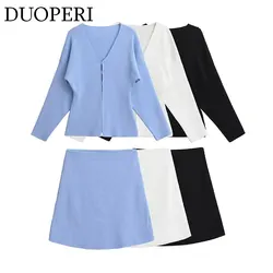 DUOPERI Women Fashion 2 Pieces Sets Solid Knitted Tops Jacket and High Elastic Waist Mini Skirt Female Chic Skirts Coordinates