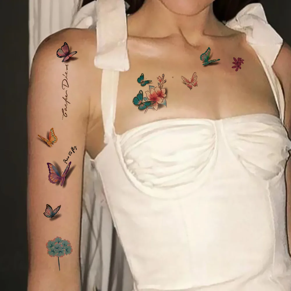 30pcs Waterproof Temporary Tattoo Sticker 3D Color Butterfly Flowers Cute Pattern Body Art Arm Fake Tattoos For Women Men Wrist