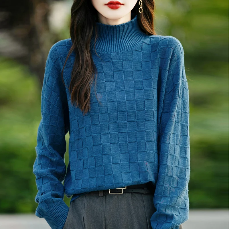 

Autumn and Winter New Women's Cotton Sweater Half High Collar Pullover Shirt Square Pattern Loose Fashion Knitted Top
