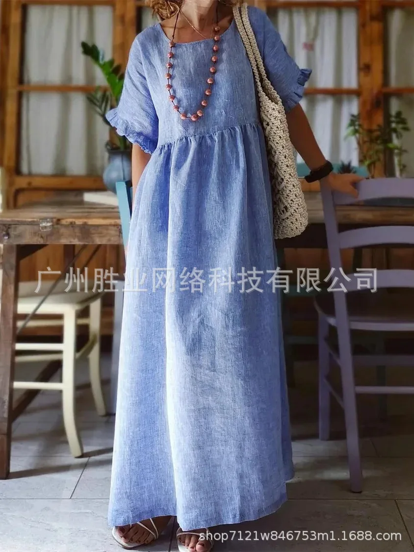 Women's Big Size Loose Round Neck Sleeveless Cotton Linen Mid-Length Dresses