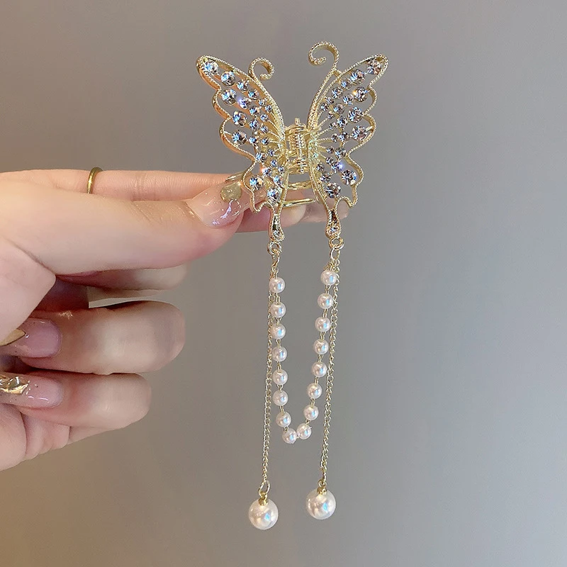 Perłowy frędzel motyl Rhinestone spinka do włosów Vintage długi wisiorek spinki do włosów krab Barrette opaska do włosów szpilka elegancki dodatek do włosów