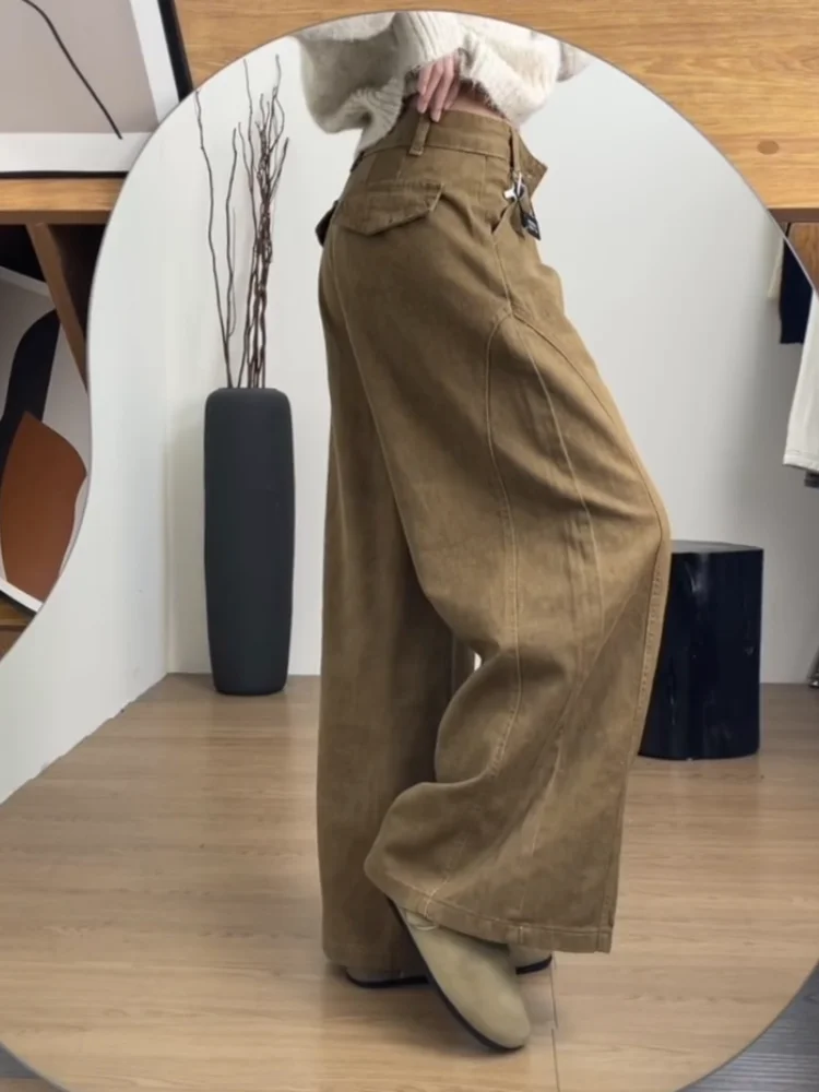 

American High Street Khaki Wide Leg Jeans Women's Loose Slim High Waist Pleated Straight Floor-Length Pants Casual Style