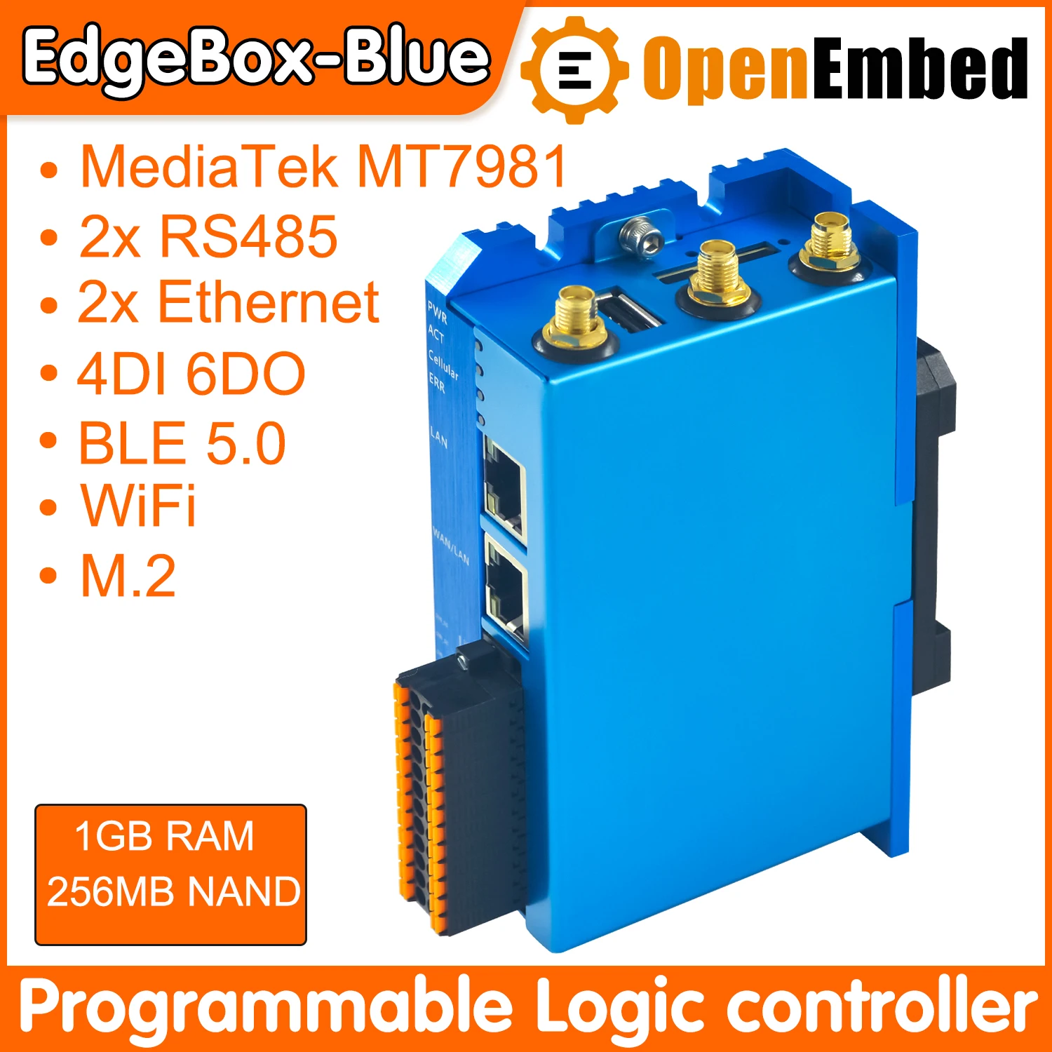 Industrial VPN Router Edge Gateway EdgeBox-BLUE Edge Computing PLC Programming CAN Modbus RS485 RS232 WiFi6 Industrial Control